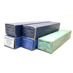 Hornby Dublo - two D1 LNER Corridor Coaches comprising First/Third, in pale blue box and Third in medium blue box; two D11 BR/ER Corridor Coaches First/Third and Brake/Third, in medium and dark blue boxes; and D12 BR/LMR First/Third Corridor Coach in dark blue box (5)