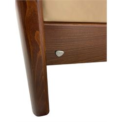 Ekornes Stressless - two-seat beech framed sofa, upholstered in beige-brown leather with stitched panel detailing, featuring curved armrests and high back supports with manual recline mechanism, raised on a dark-stained beech frame with sculpted supports