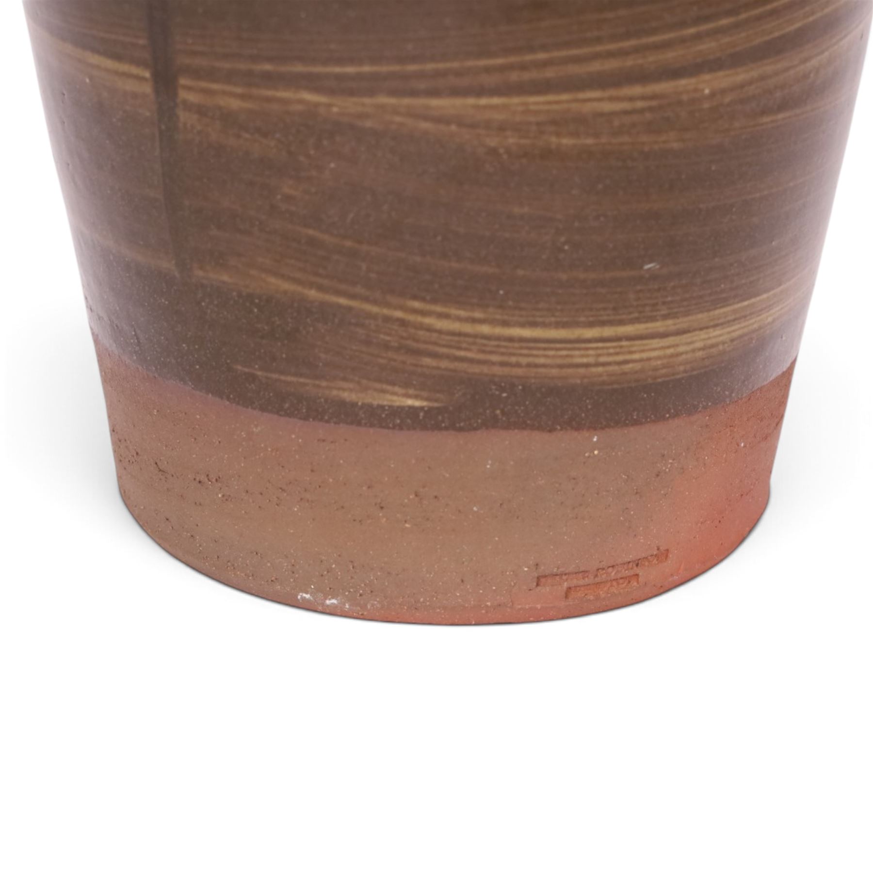 Studio pottery vase by Menston Art Pottery, decorated with brown and green slipware design, H39cm