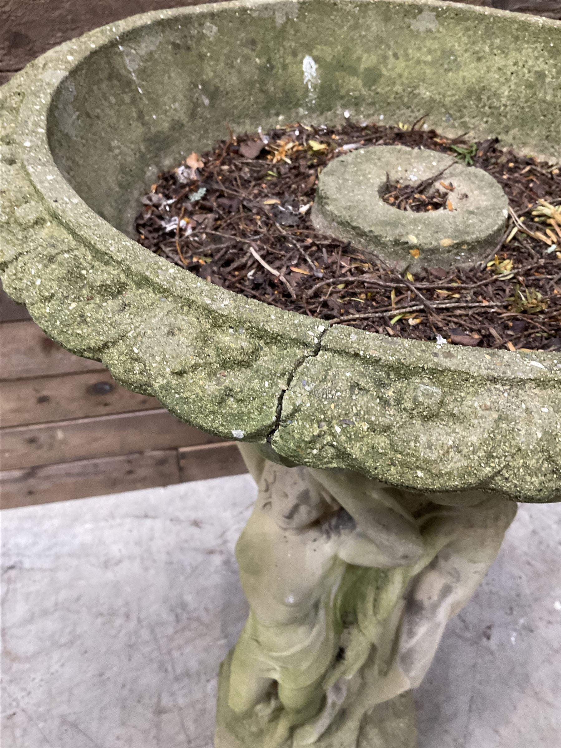 Cast stone bird bath, pedestal in the form of 'The Three Graces'