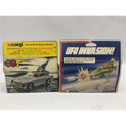 Corgi - die-cast model of James Bond Aston Martin DB5 No.271 with silver body and red interior, gold bumpers and four-spoke wheels, James Bond and two bandit figures; original window box with header card; and Dinky Shado 2 Mobile with one missile No.353; in window box (2)