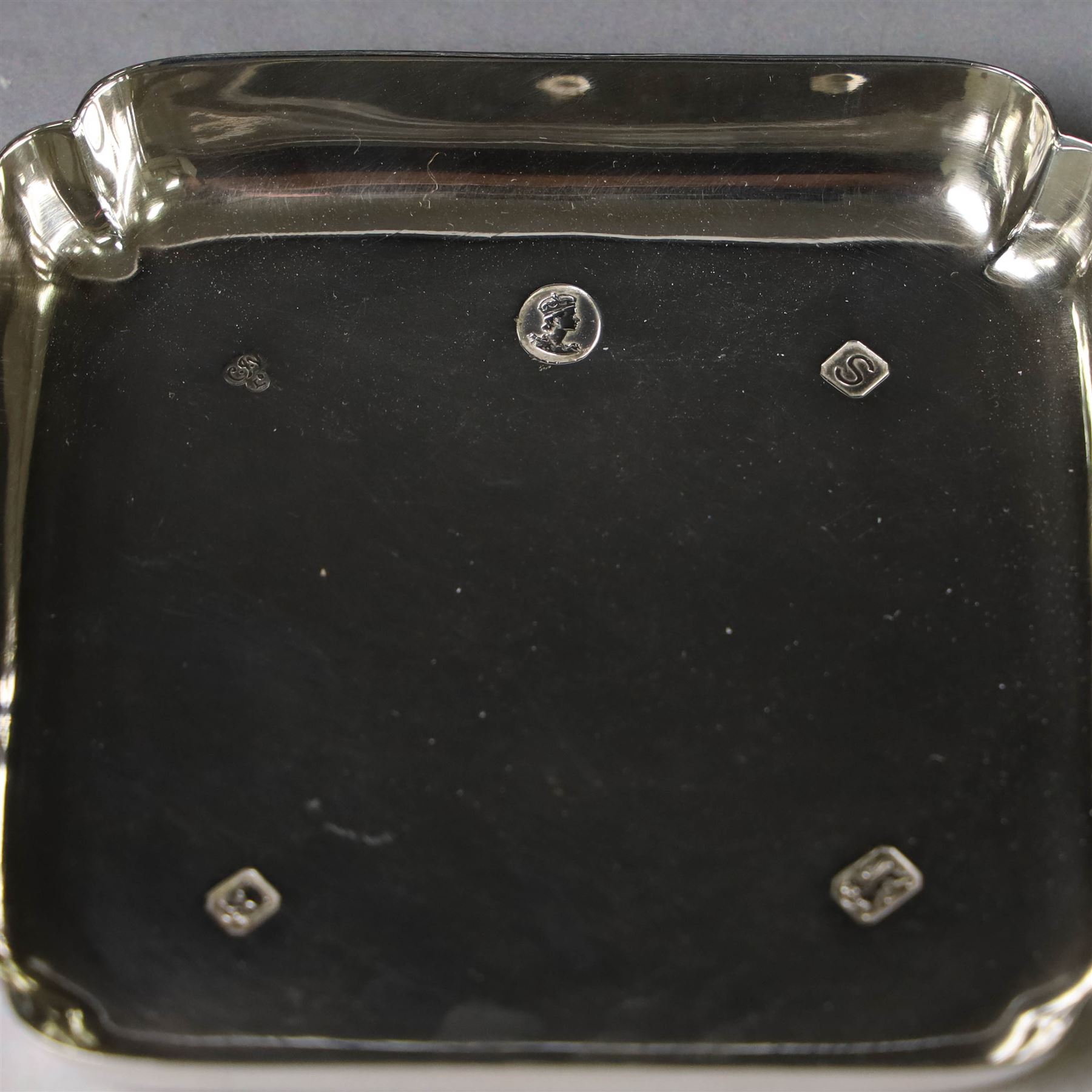 Late 20th century silver pin dish, of square form, with Queen Elizabeth II Coronation hallmark for C J Vander Ltd, London 1953, W9cm