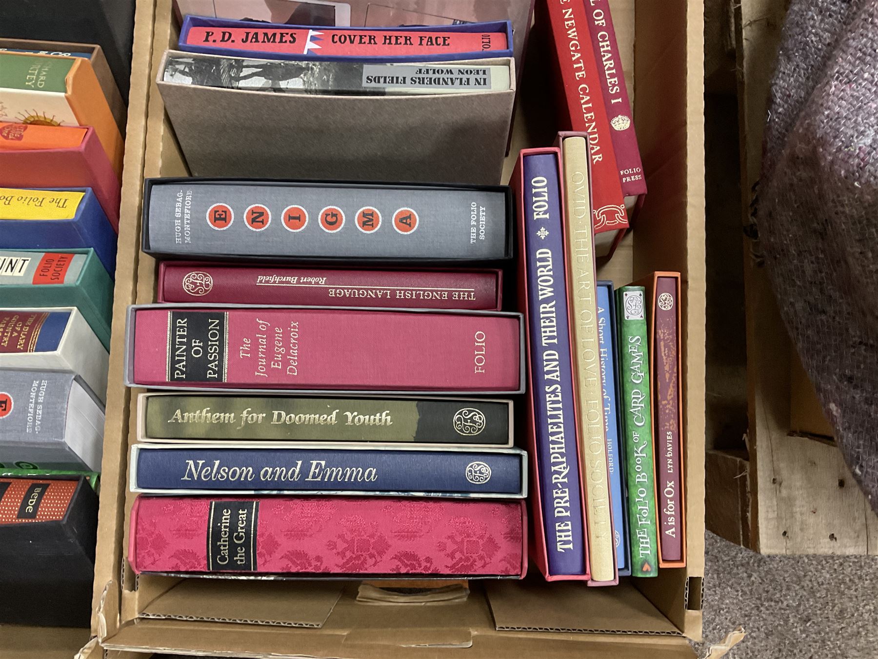 Large collection of Folio Society society books on various subjects, including Pepys Diary 1660-1669 in 3 volumes, Shakespeare eight volumes, Catherine the Great, Enigma etc, in six boxes 
