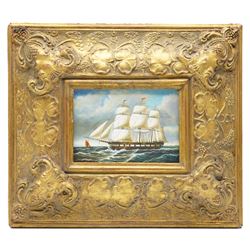 English School (20th century): Portait of a Boy with a Bat and a Ship Portrait, two oils on wood panel in matching gilt frames indistinctly signed 16cm x 11cm and 11cm x 16.5cm (2)