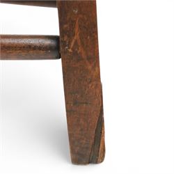 19th century elm chair, with curved top rail and bobbin turned spindles, woven rush seat, on turned legs united by front stretcher