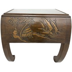 Chinese hardwood coffee table on curved supports, carved with fishing scene (W108cm, H45cm, D45cm), and a small circular occasional table