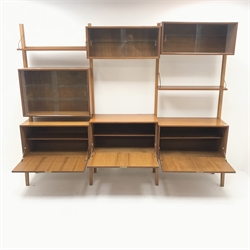  Poul Cadovius - 1950s/60s teak modular wall unit, three glazed display cabinet, three fall front units, W244cm, H191cm, D40cm  