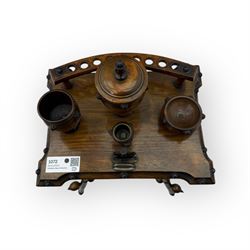 Victorian oak smoker’s companion stand, moulded rectangular top with fitted smoking accessories including urn and bowl, on turned tripod base with finial stretcher