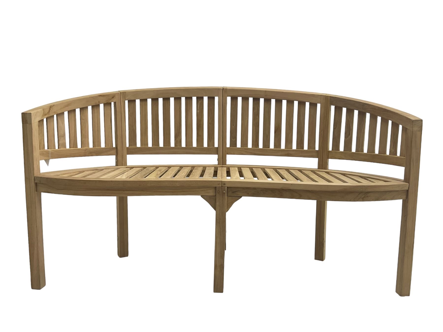 Solid teak garden bench, curved back and serpentine slatted seat