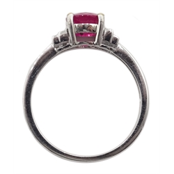  White gold round ruby ring, with baguette diamond shoulders, hallmarked 18ct, ruby approx 0.8 carat  