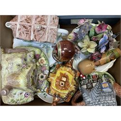 Collection of ceramics and other items, including Royal Doulton character jug the trapper D6609, Royal Doulton figures embrace and cherish, two hand painted shells, a large amount of collectors plates, some with certificates etc, five boxes. 