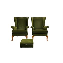 Parker Knoll - pair  vintage 'Penhurst' wingback armchairs, upholstered in olive green fabric on cabriole front supports