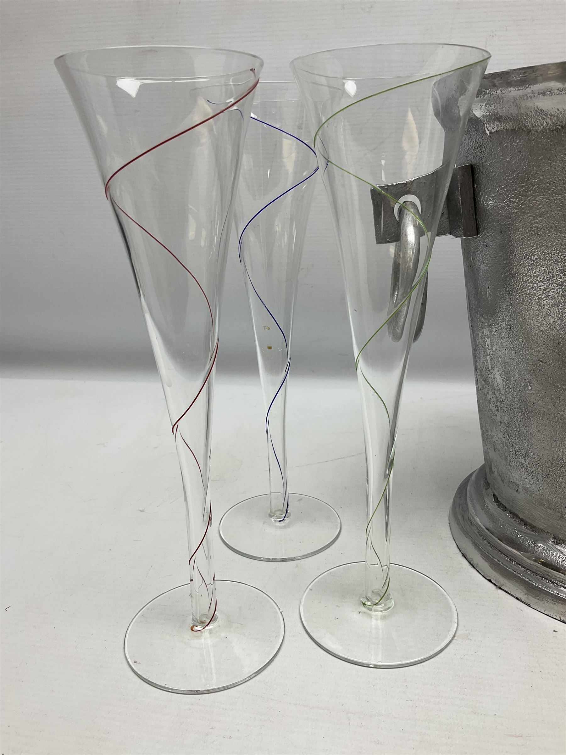 Aluminium champagne bucket detailed Cuvee de Prestige Champagne du Louvois, with twin ring handles, together with quantity of glasses, bucket L38cm