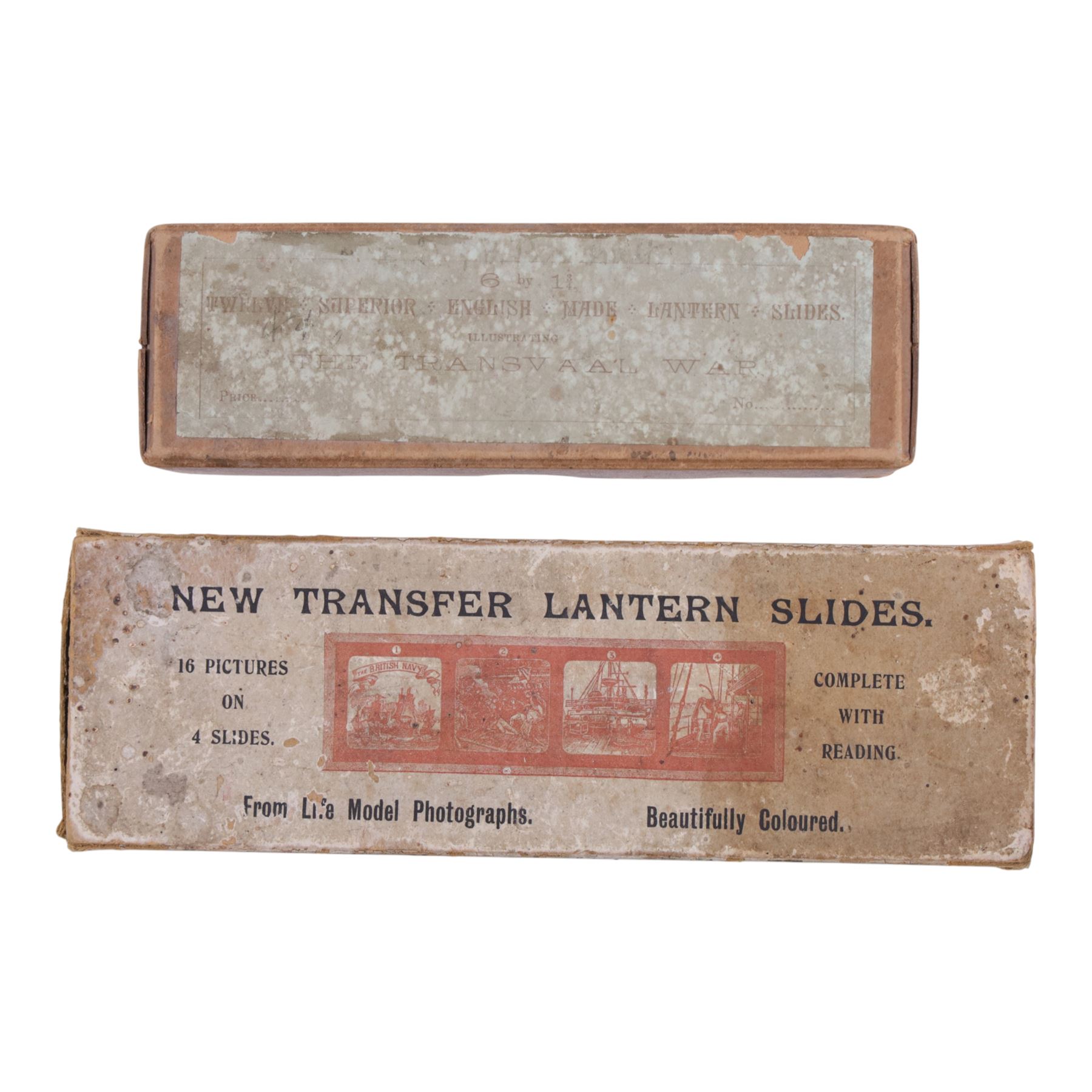 Collection of 9.5mm and 16mm cine film reels, mostly silent black and white with some notched examples, including 'Antarctic Whale Hunt' with sound, 'White Flame', 'The Good Old Days' electricity promotional, 'Rolling Around' Charlie Chaplin, etc, most in tin cases with hand written titles, together with two boxed sets of lantern slides, 'The Transvaal War', 'The Sweep & The Whitewasher' and 'Willies Revenge'