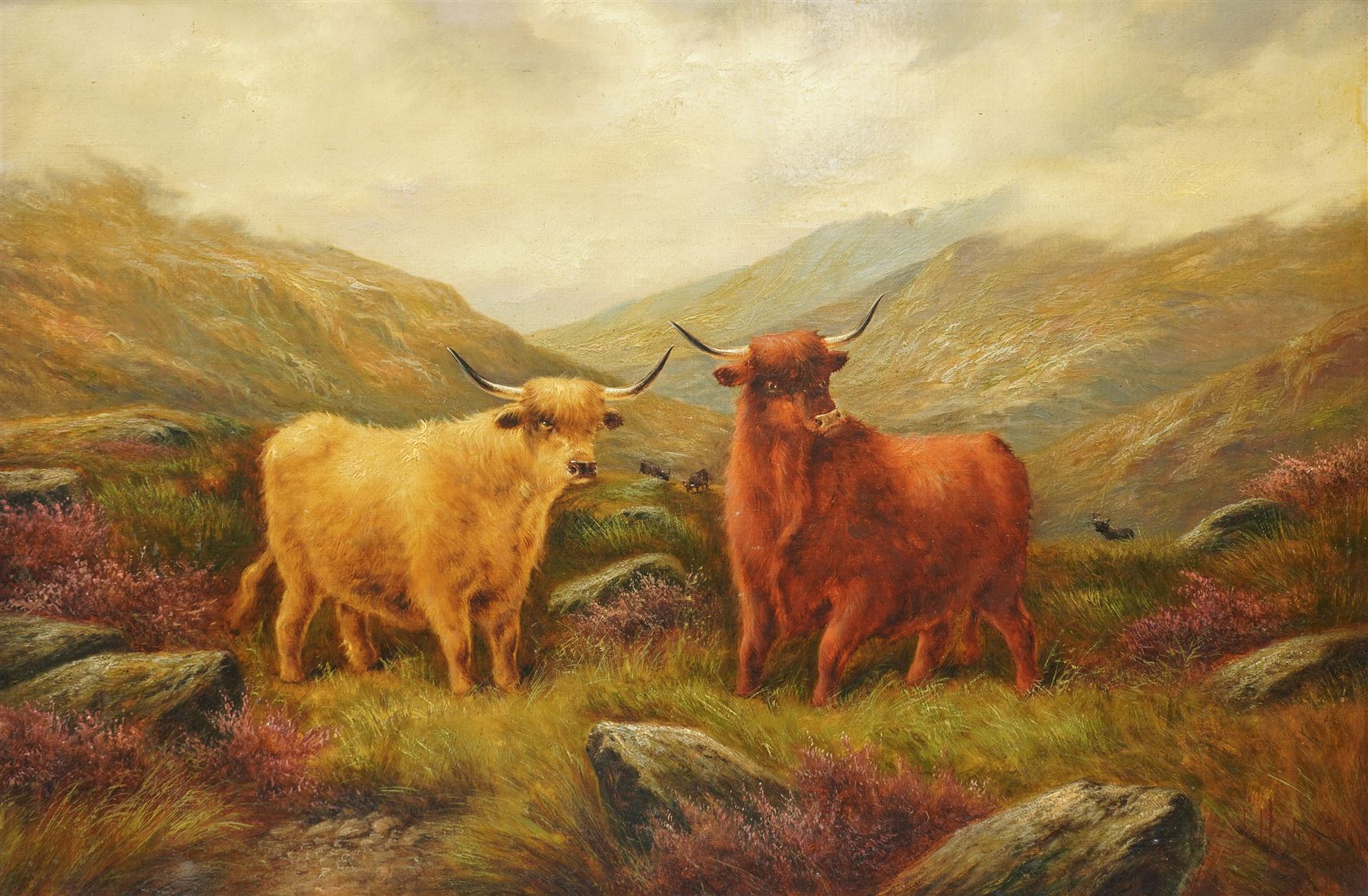 J Henry (British Late 19th century): Highland Cattle, oil on canvas signed 39cm x 60cm housed in Victorian ornate gilt swept frame overall 68cm x 88cm
