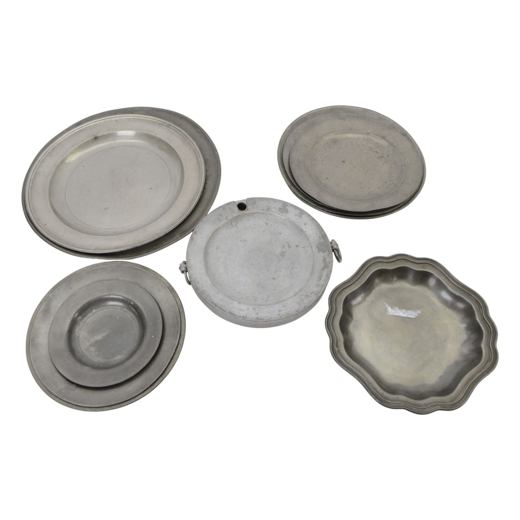 Collection of 19th century and later pewter plates and plate warmer with London and similar touch marks 
