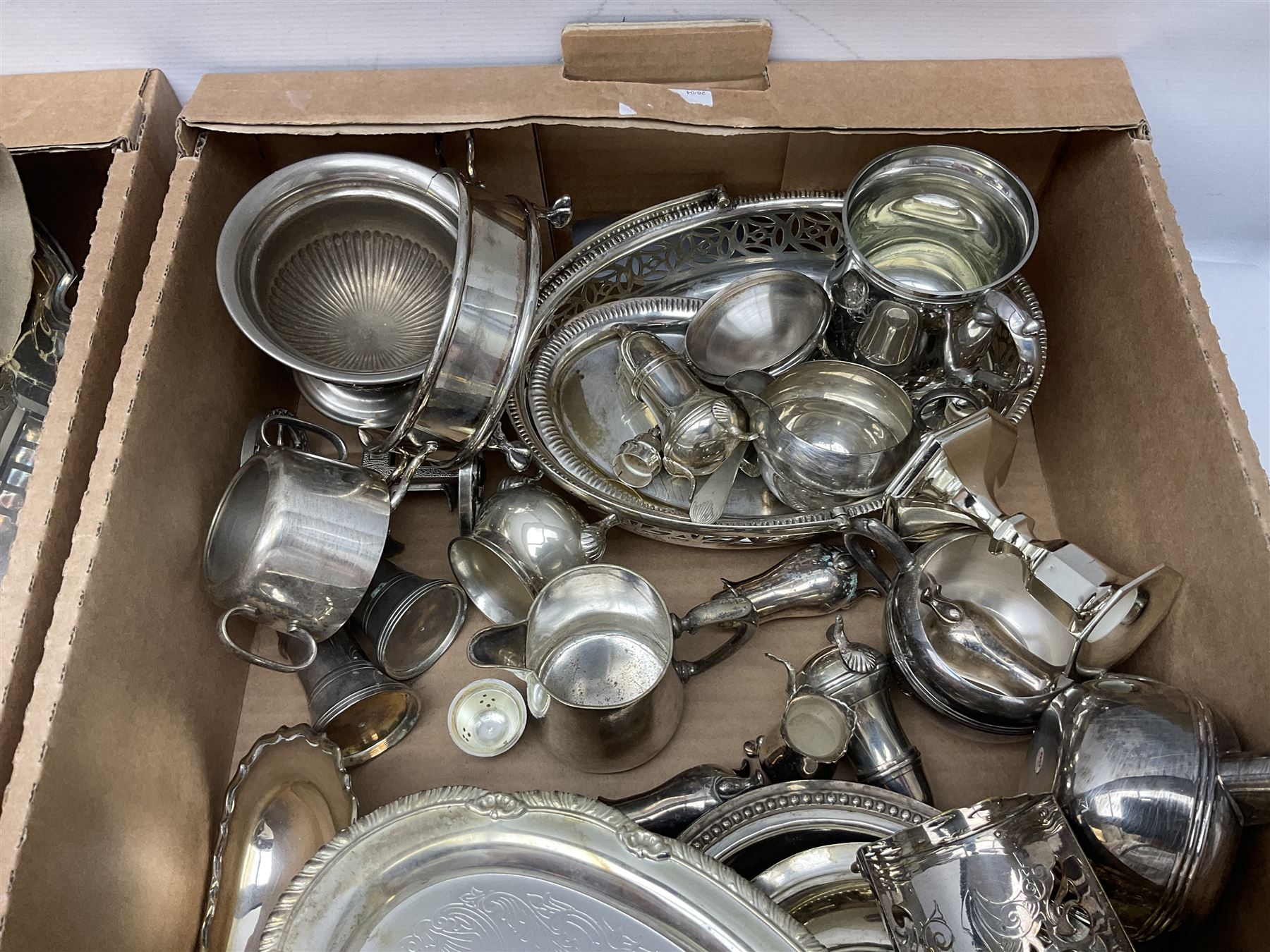 Quantity of silver plate and other metal ware, including sugar caster, tureens, serving dishes, pair of candelabra etc, in two boxes 