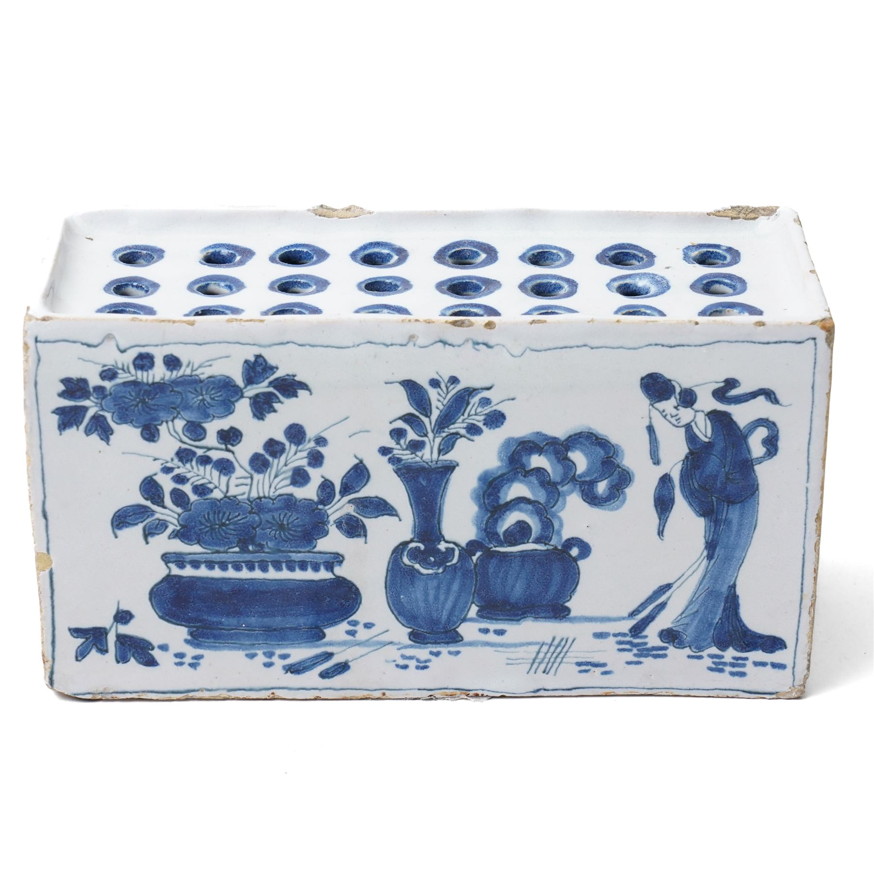 18th century English Delft flower brick, painted with a Chinese figure stood beside antiques, W16.5cm