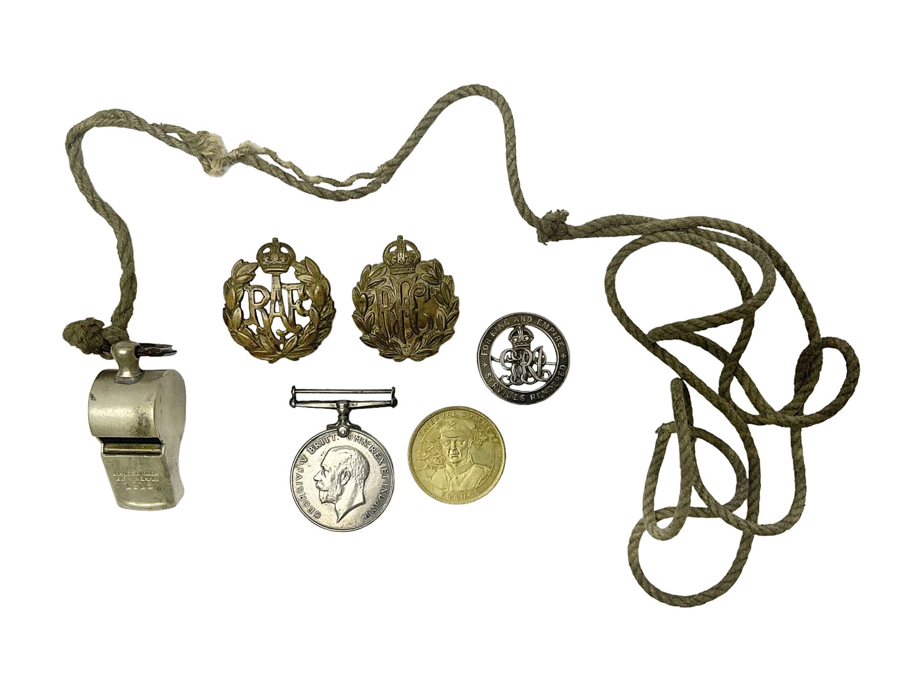 WWI J. Hudson & Co. Birmingham trench whistle dated 1916; WWI British War Medal awarded to 117363 Gnr. N.L. Wright R.A.; Services Rendered badge No.111643; RAF & RFC cap badges etc