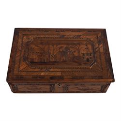 Napoleonic prisoner of war straw work box, the exterior with panels of buildings in geometric borders, the interior of the hinged lid opening to reveal two compartments with hinged covers decorated with flowers, H8cm, D16cm