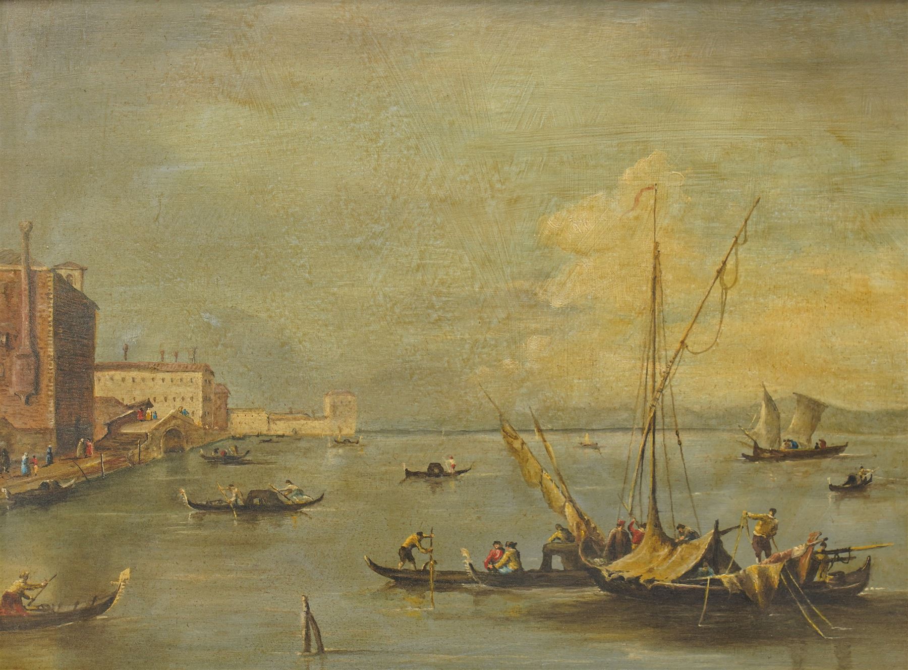 Follower of Francesco Guardi (Italian 1712-1793): Venice - the Fondamenta Nuove with the Lagoon and Island of San Michele, 19th century oil on panel unsigned 29cm x 39cm, in 19th century giltwood and gesso ornately moulded frame, overall 52cm x 62cm