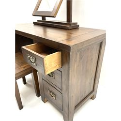 Stained pine dressing table , three graduating drawers, square supports (W110cm, H77cm, D50cm) with matching stool and mirror