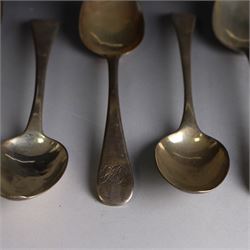 Ten Georgian and later silver table and dessert spoons, including pair of George III Old English pattern examples, engraved with fish to terminal, hallmarked London 1791, maker's mark ID and a pair of George III Old English pattern table spoons with engraved bird to terminal, George Smith (III) & William Fearn, London 1786