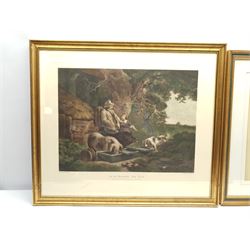After George Morland (British 1763-1804): 'Peasant and Pigs', coloured mezzotint 45cm x 54cm; After Edwin Edwards (British 1823-1879): 'A June Morning', colour print 39cm x 58cm; together with three fashion engravings and a Vanity Fair print, max 34cm x 20cm (6)