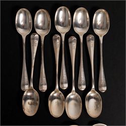 Suite of Edwardian silver rat tail cutlery engraved with a crest comprising twelve table forks, eleven dessert forks, twelve table spoons, eleven dessert spoons, nine teaspoons, soup ladle, pair of sauce ladles and basting spoon Sheffield 1901/02 Maker John Round & Son Ltd
