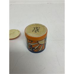 Clarice Cliff Fantasque for Wilkinson Pottery preserve pot, circa 1928, of drum form decorated in Sunray Leaves pattern, H8cm