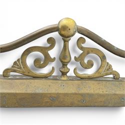Three 20th century brass fenders, two with pierced Art & Crafts design rails, largest W156cm, D 45cm 