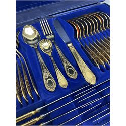 Bestecke Solingen canteen of gold plated cutlery for twelve place settings, including ladle, cake slice, fish servers, fish knives and forks, 108 pieces total, contained within a briefcase 