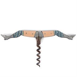 19th Century German novelty folding Corkscrew in the form of a pair of ladies legs in blue and white stockings, H7cm