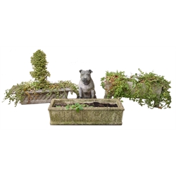  Composite stone rectangular basket weave planter, another with Yorkshire Rose detail and another with reeded decoration, W95cm max and a composite model of a seated Staffordshire Terrier, H62cm (4)   
