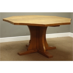  'Mouseman' adzed oak octagonal top dining table, on cruciform base, by Robert Thompson of Kilburn, H72cm, W136cm, D148cm (max)  