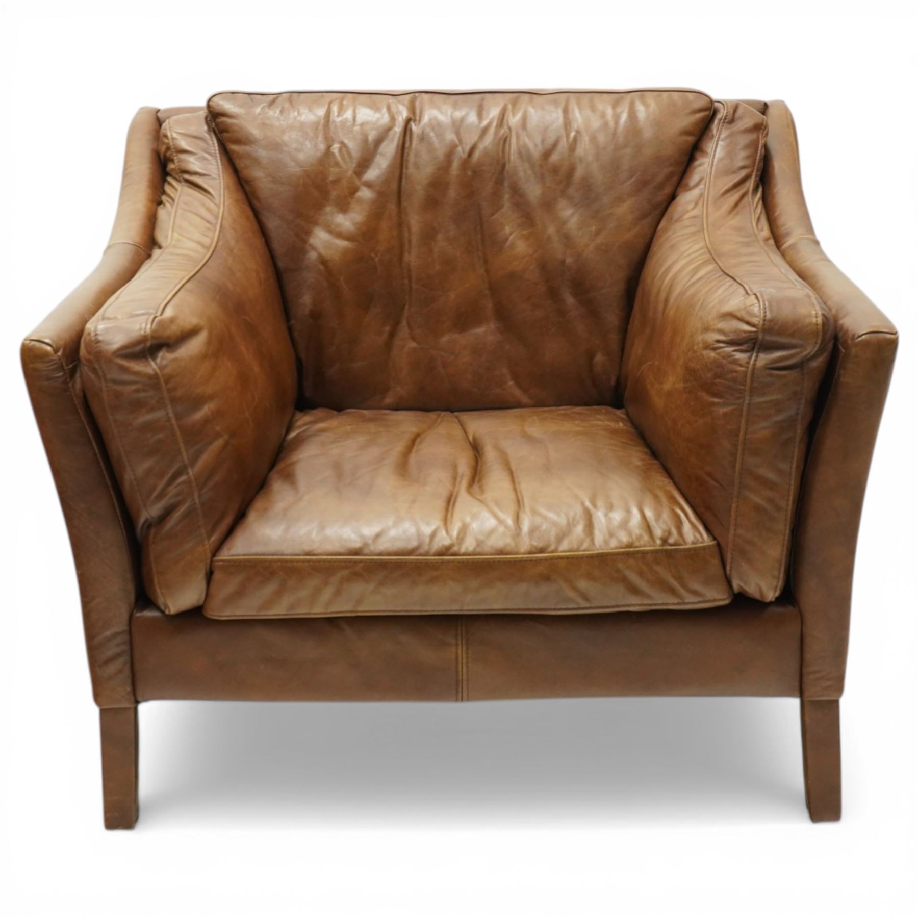 Barker & Stonehouse - 'Dillon' armchair upholstered in brown leather, with stitched back and side cushions, raised on square supports wrapped in leather
