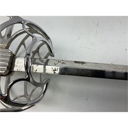 Replica knight's longsword, the 91.5cm double-edged steel blade with basket hilt and wire-bound bone grip with spherical pommel, in leather scabbard L112cm overall