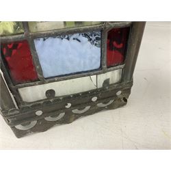 Victorian brass and stained leaded glass hall lantern, of hexagonal form, supported by four domed arms and pierced fret, H46cm W20cm