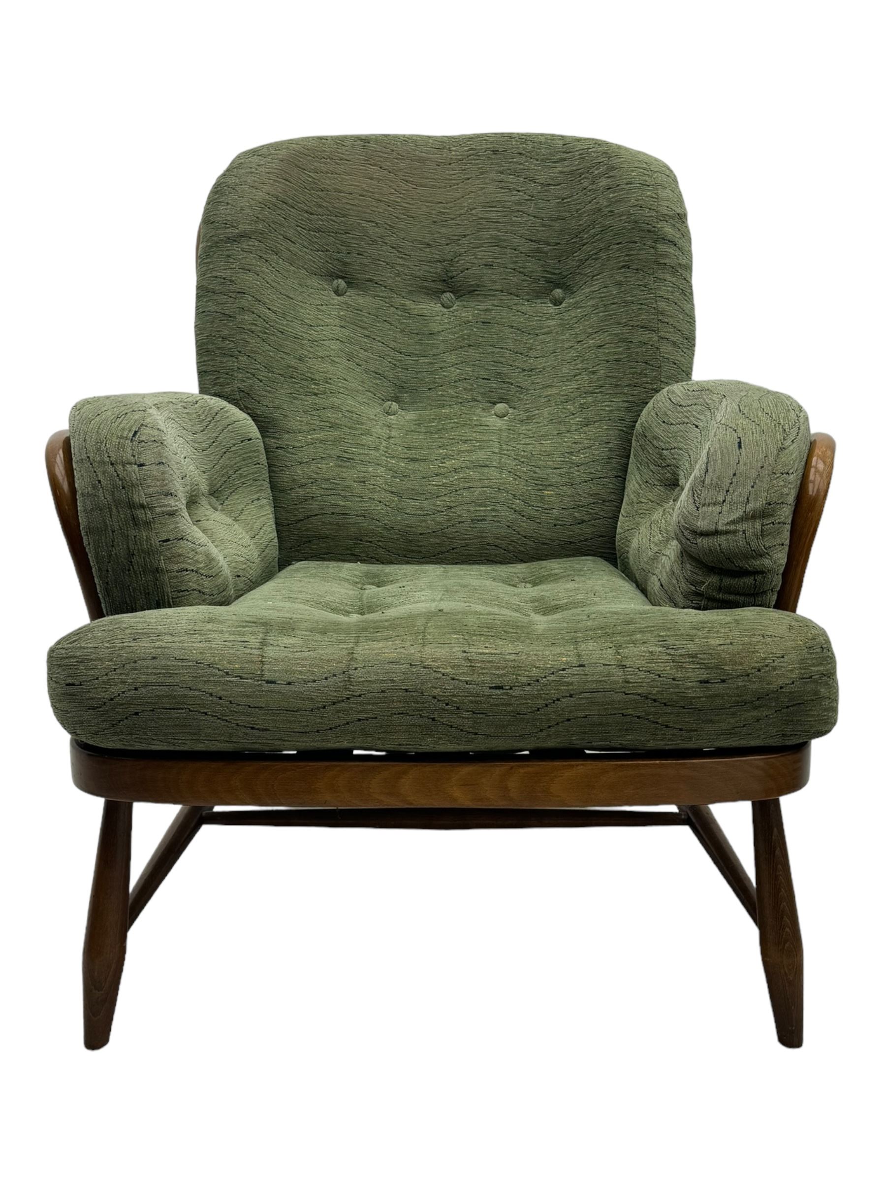 Ercol - mid-20th century three-piece suite, comprising two-seater sofa, upholstered in green fabric with teak frame, on splayed supports with stretcher (W142cm, D95cm, H87cm); with matching pair of armchairs (W82cm, D95cm, H87cm)