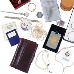 Collection of costume jewellery and wristwatches, including Rotary watches, faux pearl necklaces, etc, together with a Cummels trinket box and other collectables
