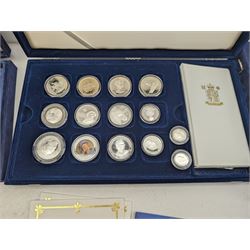 Large collection of modern commemorative coins, mostly being silver proof, including Queen Elizabeth II Bailiwick of Guernsey 1999 'Sir Winston Churchill' one pound, 2000 'HM Queen Elizabeth The Queen Mother', various sterling silver proof coins from the 'Golden Wedding Anniversary Silver Collection' including Bailiwick of Guernsey 1997 five pounds, Bermuda 1997 two dollars, Republic of Malawi 1997 five kwacha, Falkland Islands 1997 five pounds, Bailiwick of Jersey 1997 five pounds, Alderney 1997 two pounds etc, various sterling silver proof and portrait highlighted in gold coins from the 'Golden Jubilee Collection' including Cayman Islands 2002 two dollars, Bailiwick of Guernsey 2003 five pounds etc, housed in various coin displays or cases, mostly with certificates