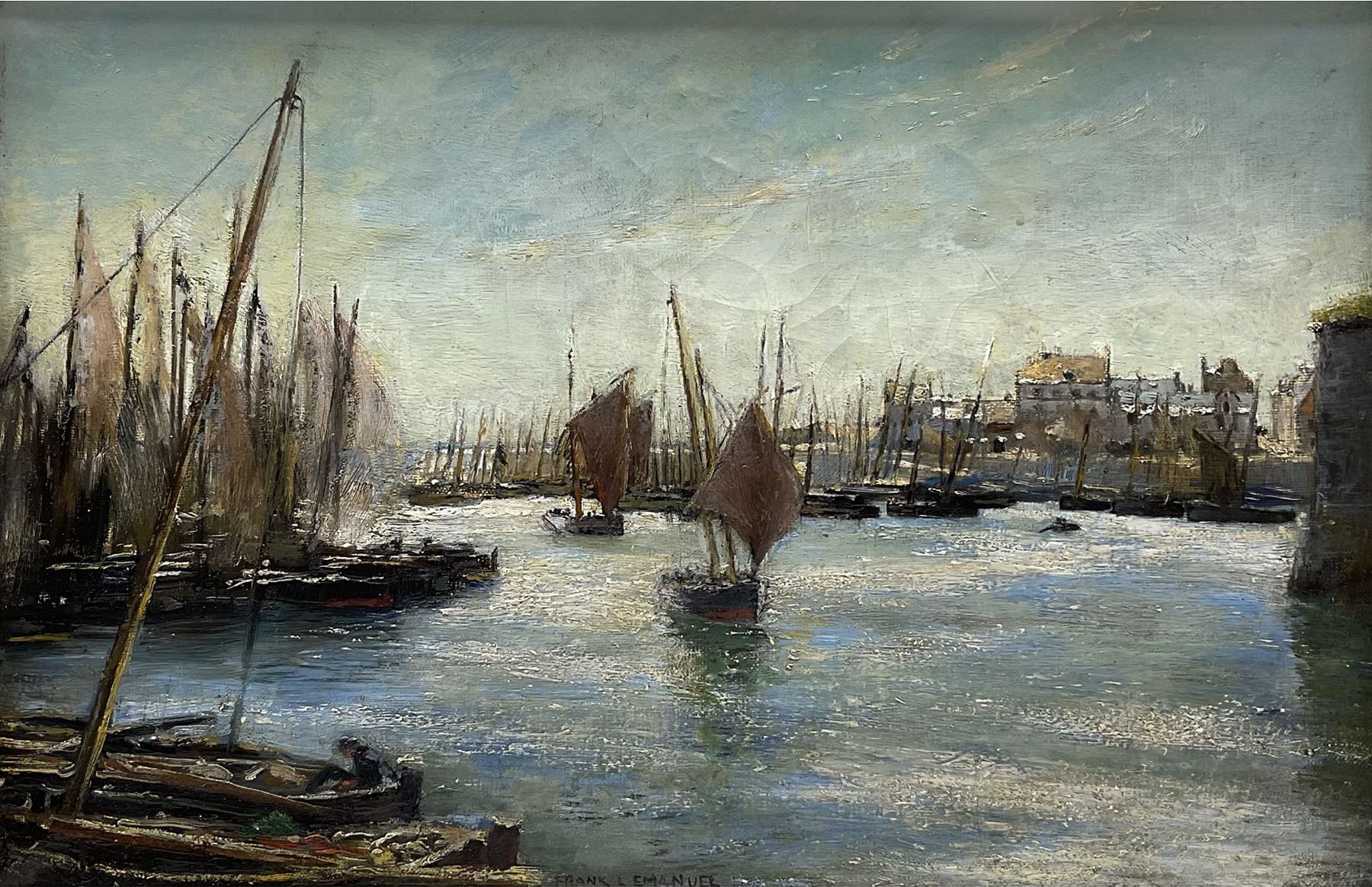 Frank Lewis Emanuel (British 1866-1948): Fishing Boats in the Harbour Concarneau, oil on canvas signed 26cm x 40cm