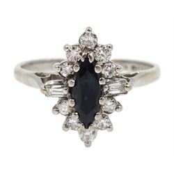 18ct white gold marquise sapphire, round and baguette diamond, marquise shaped ring, hallmarked
