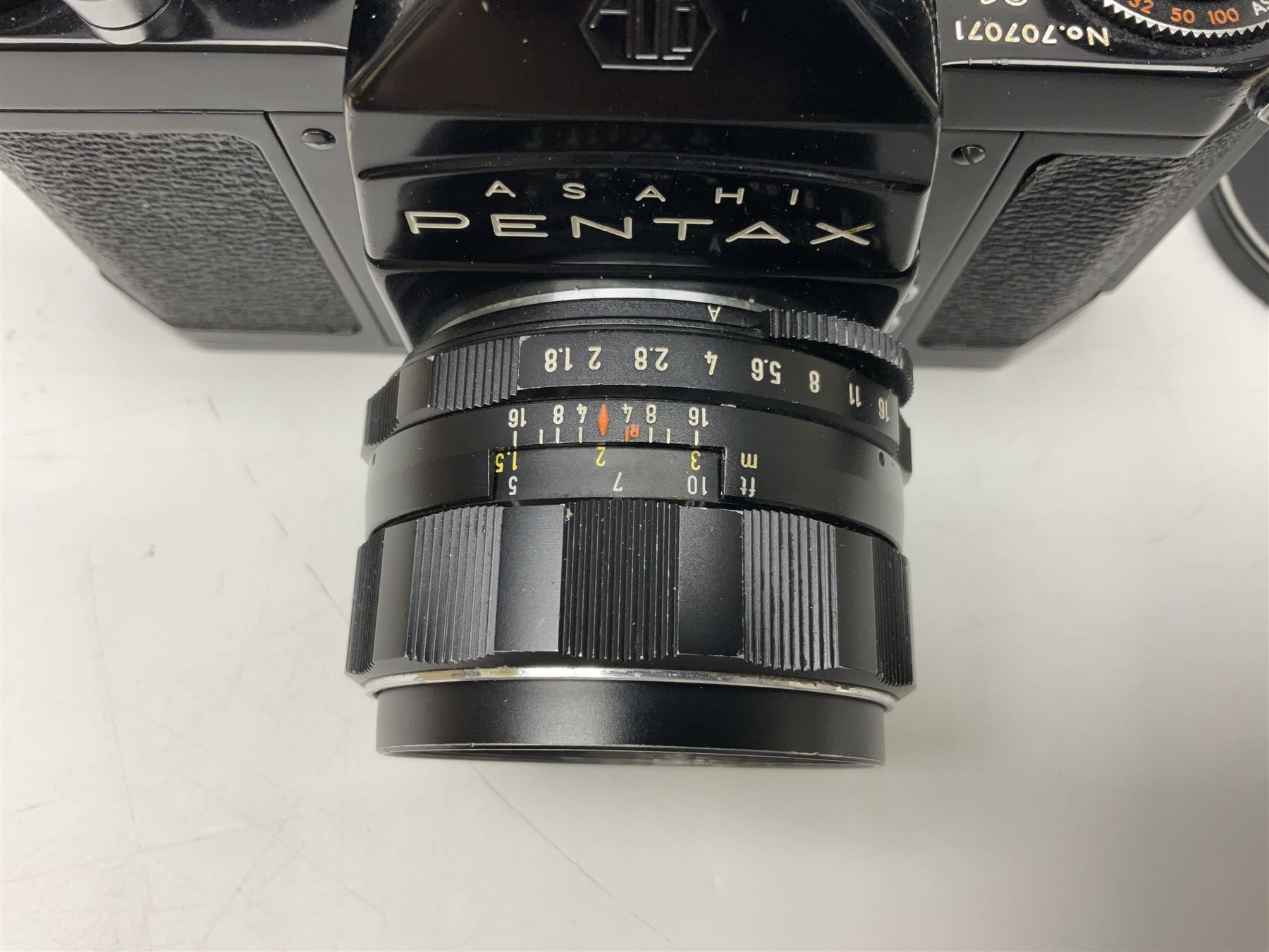 Asahi Pentax S1a camera body, serial no. 707071, with 'Super-Takumar 1:1.8/55' lens, serial no 2124044, together with Asahi Pentax Sv camera body, no. 1925617 with 'Super-Takumar 1:2/55' lens, serial no. 2770153, Asahi Pentax Meter, 'Super-Takumar 1:3.5/28' lens, serial no. 2075492 and 'Super-Takumar 1:4/150' lens, serial no. 1461613  