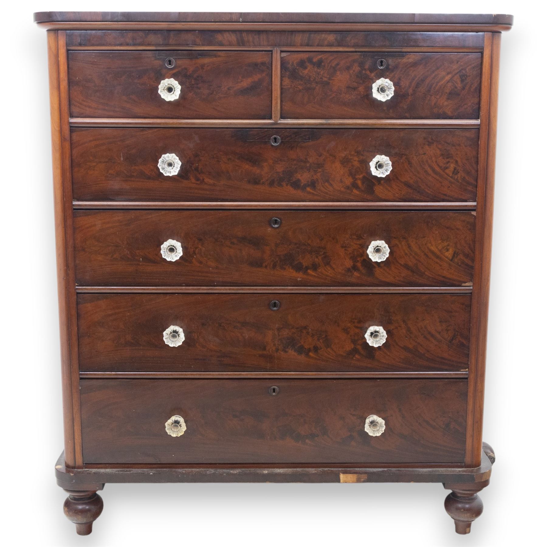 Victorian flame mahogany chest, fitted with two short over four long graduating drawers