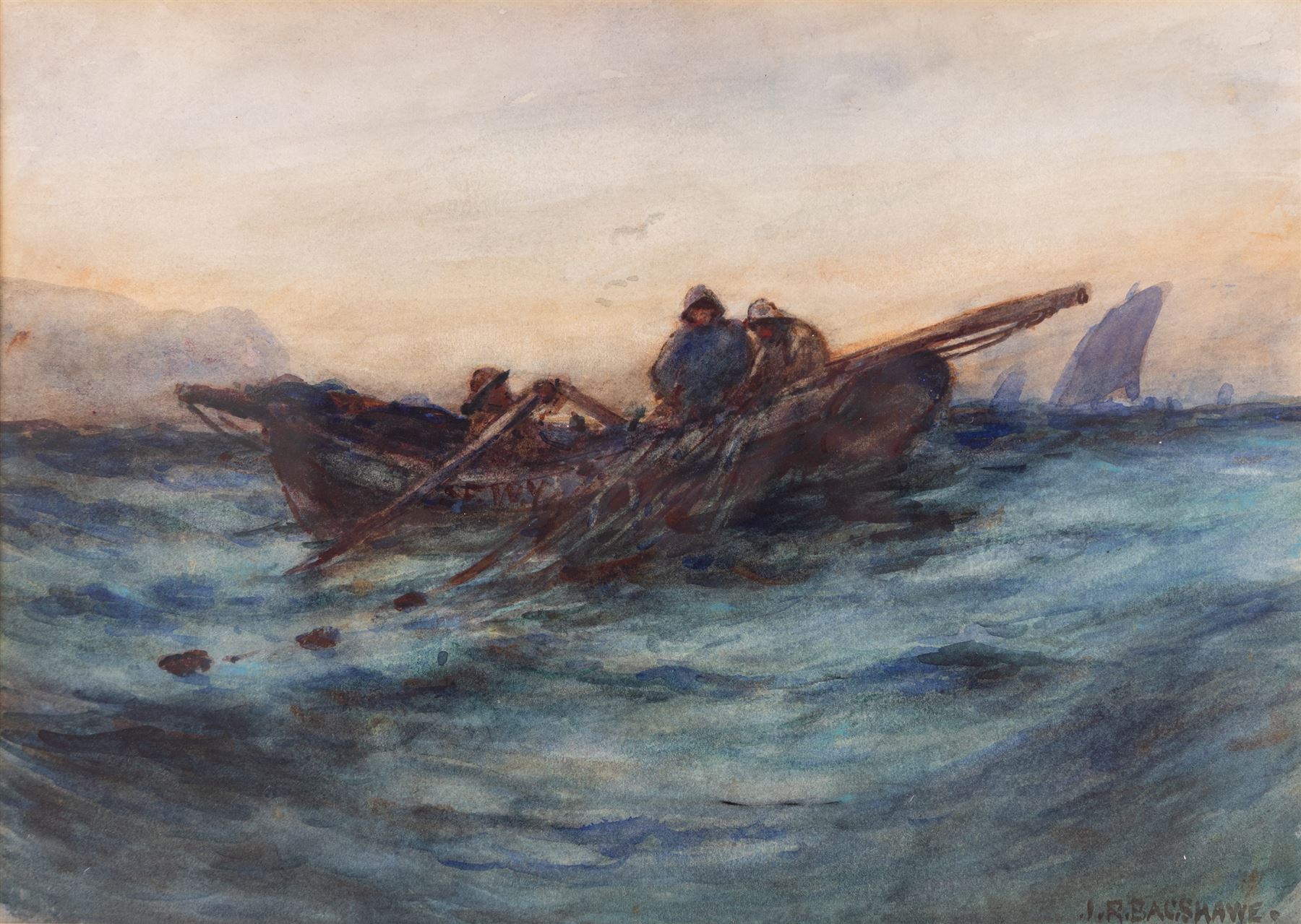 Joseph Richard Bagshawe (Staithes Group 1870-1909): Hauling the Nets in a Whitby Coble, watercolour signed 25cm x 36cm 
Provenance: exh. Walker Galleries, Harrogate, label verso