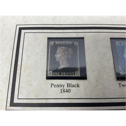 Queen Victoria 1840 penny black stamp, red MX cancel and 1841 two penny blue white lines added, with Westminster information sheet