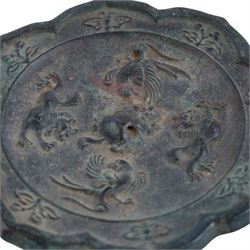Chinese lobed bronze mirror, decorated with birds and mythical animals, together with two other mirrors and bronze vase, vase H37cm