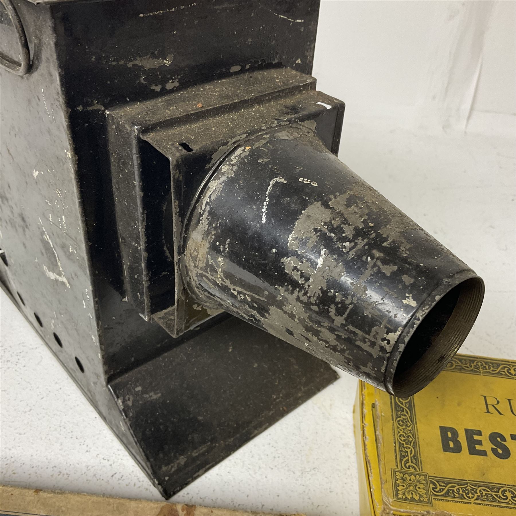 Tinplate magic lantern with three boxes and some loose slides, including Primus magic lantern slides