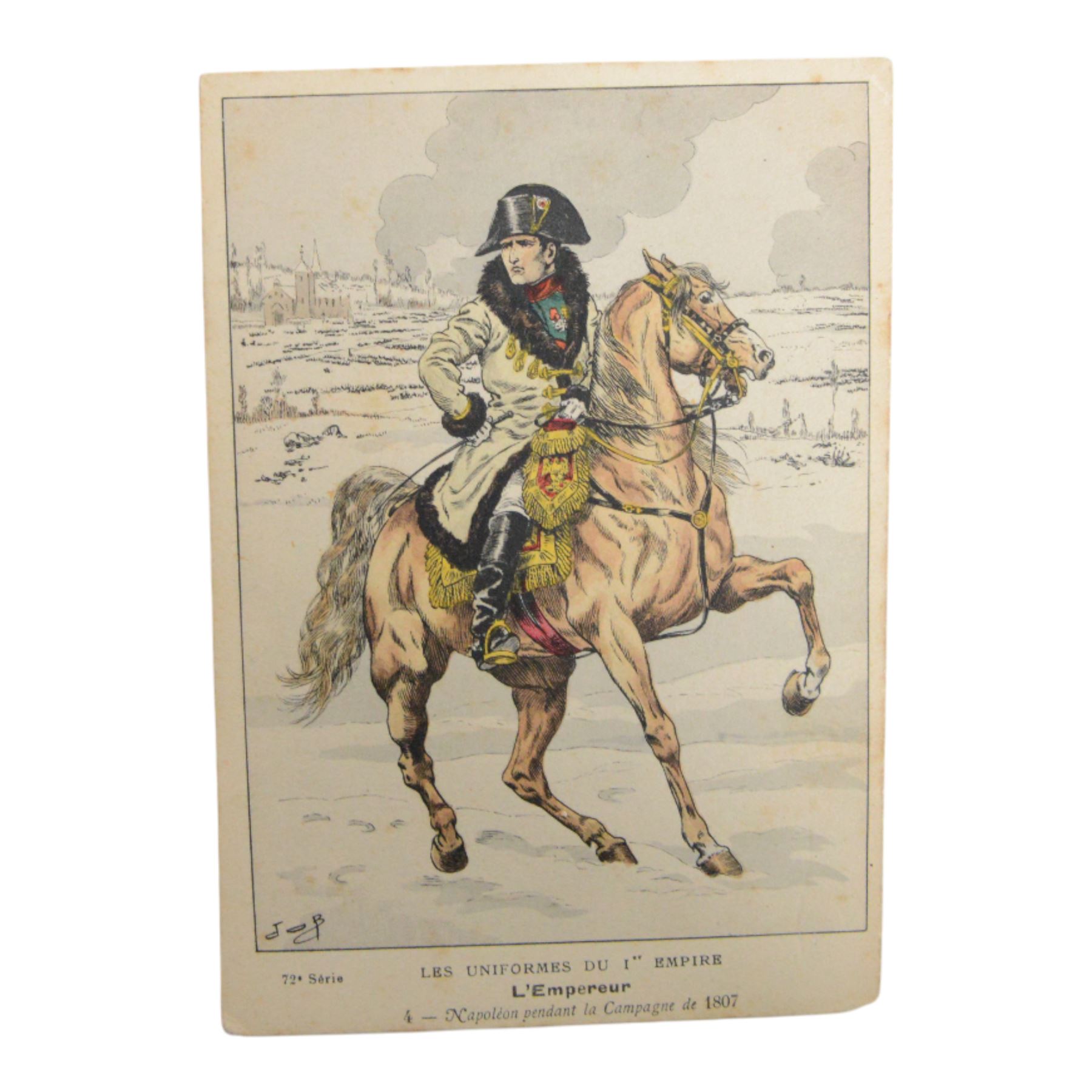 Three postcards of Napoleon, comprising JOB as L'Empereur, Napoleon in Chasseur a Cheval de la Garde tunic and Napoleon by J.L.E. Meissonier
